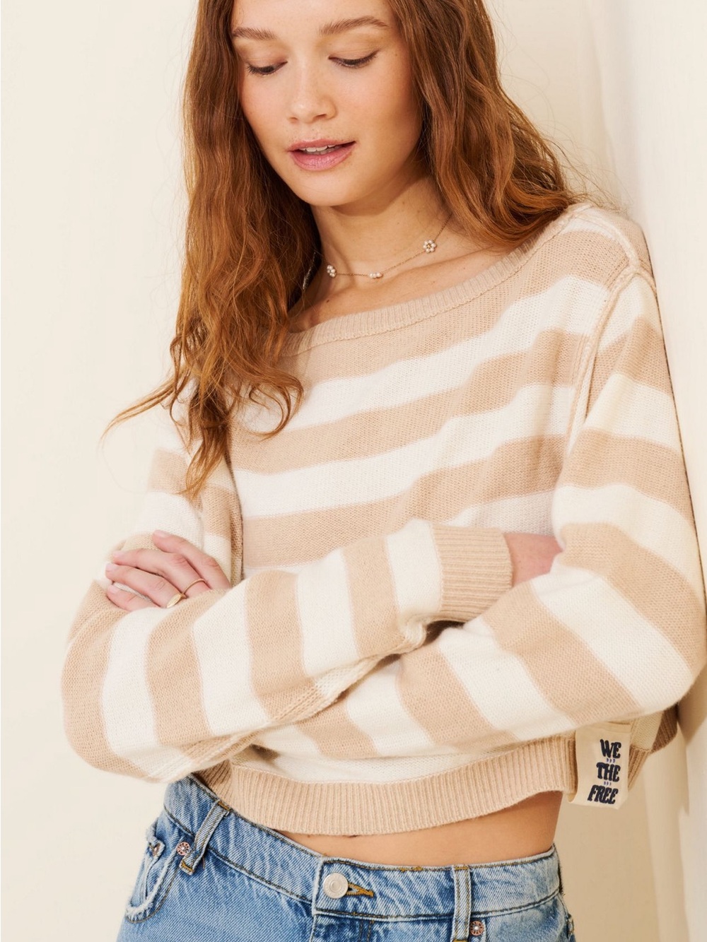 Free People Medium Striped Beige & Cream Women’s Sweater